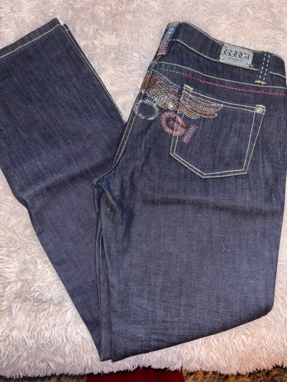 COOGI Women's Dark Blue Denim Jeans with Multicolor Embellished Back Pocket